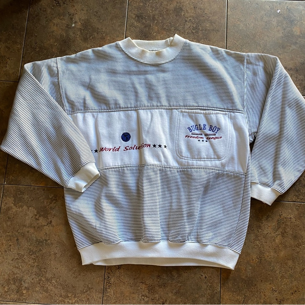 Vintage 80’s 90’s Bugle Boy Crewneck Sweatshirt White Blue Pinstripe Size Medium